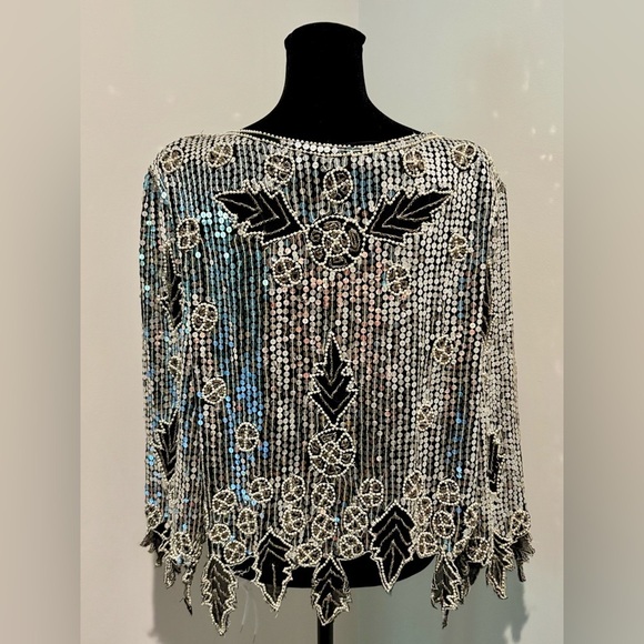 VINTAGE 80s Unbranded Black Silver Sequined Beaded Leaf Design Silk Lined Top M - Picture 4 of 7